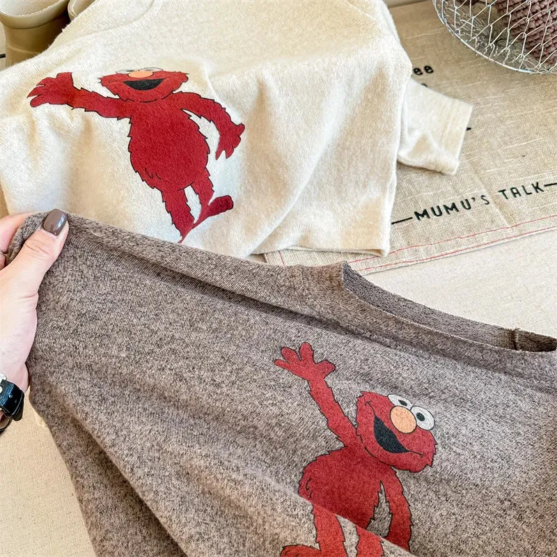 Long-Sleeved Casual Elmo Cartoon Tee