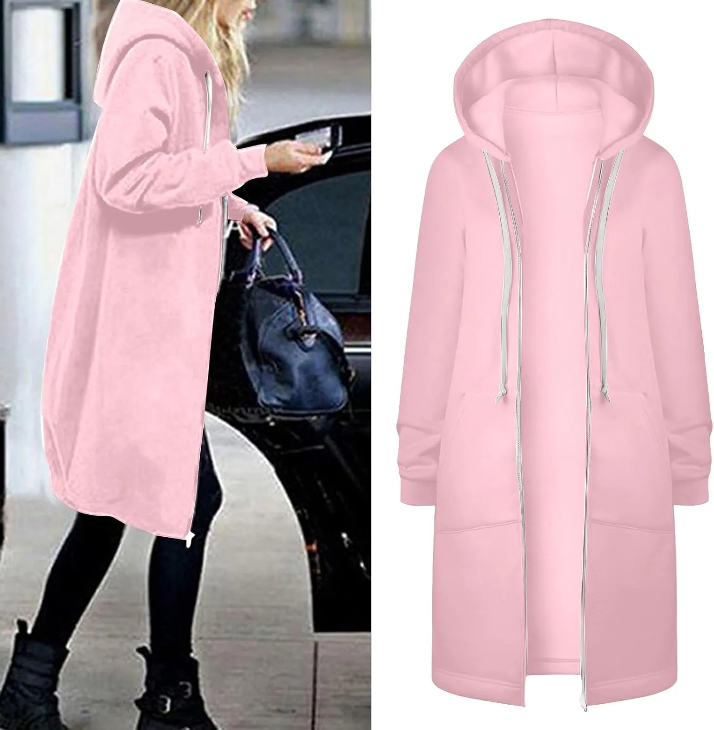 Long Zip Up Hoodie Women Womens Hoodies Coat Fall Winter Warm Pockets Drawstring Zipper Open Thin Womens Black