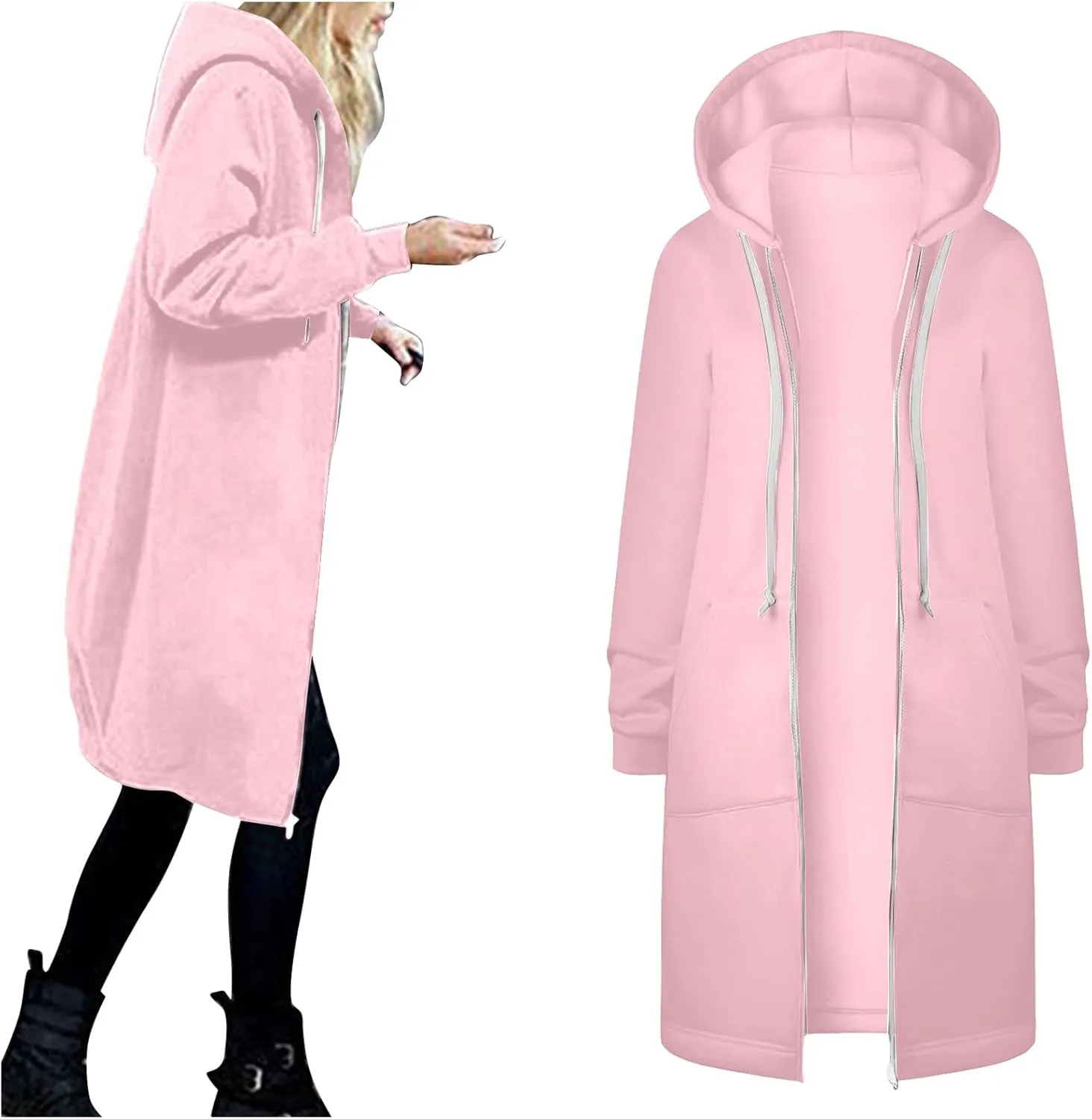 Long Zip Up Hoodie Women Womens Hoodies Coat Fall Winter Warm Pockets Drawstring Zipper Open Thin Womens Black