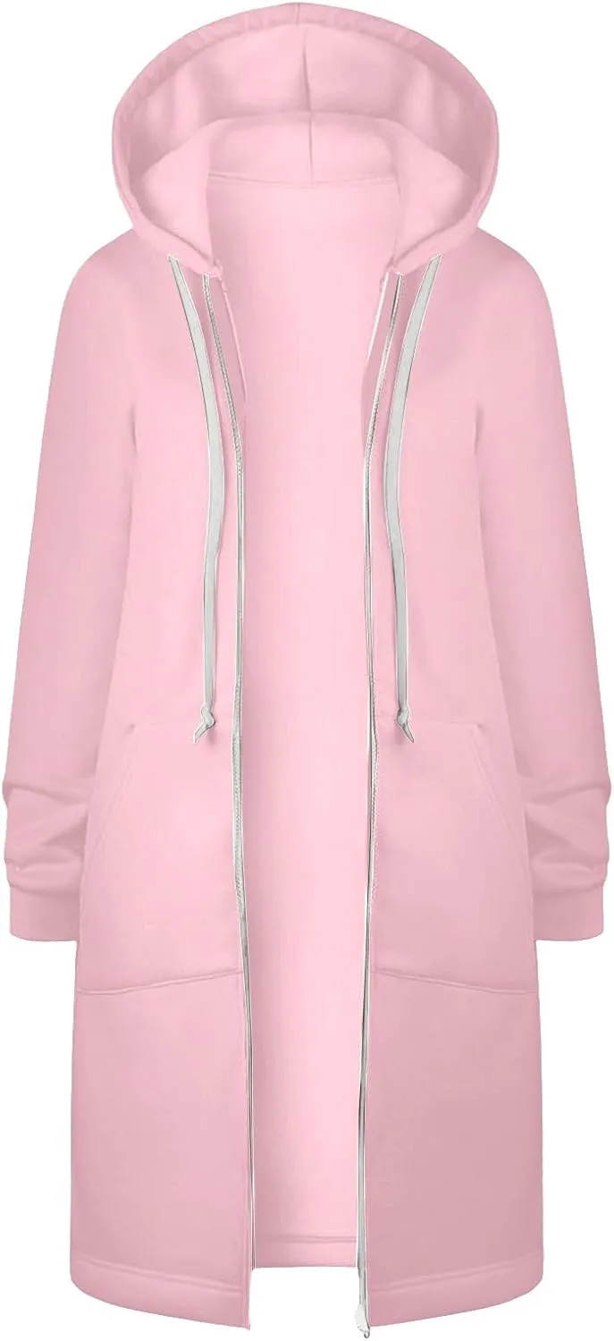 Long Zip Up Hoodie Women Womens Hoodies Coat Fall Winter Warm Pockets Drawstring Zipper Open Thin Womens Black