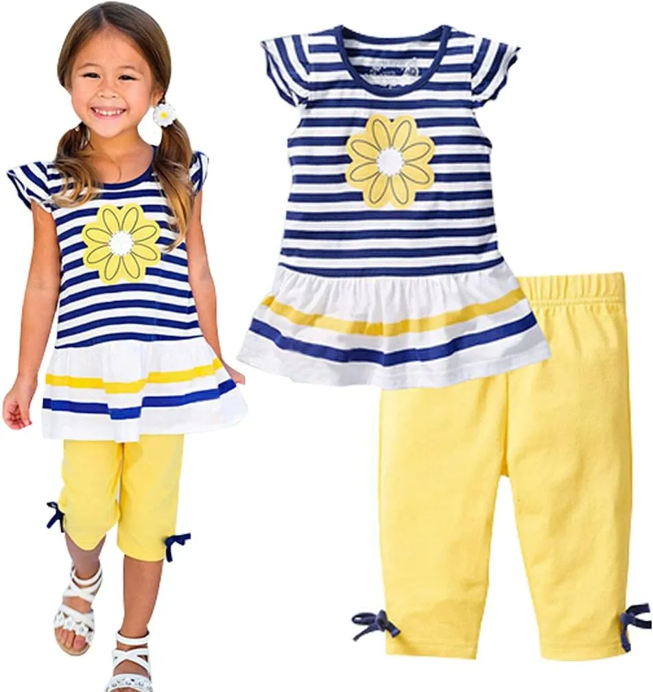 LUKYCILD Baby Girls Summer Clothes Casual Clothing Suit Short Sleeve Striped T-Shirt  Pants