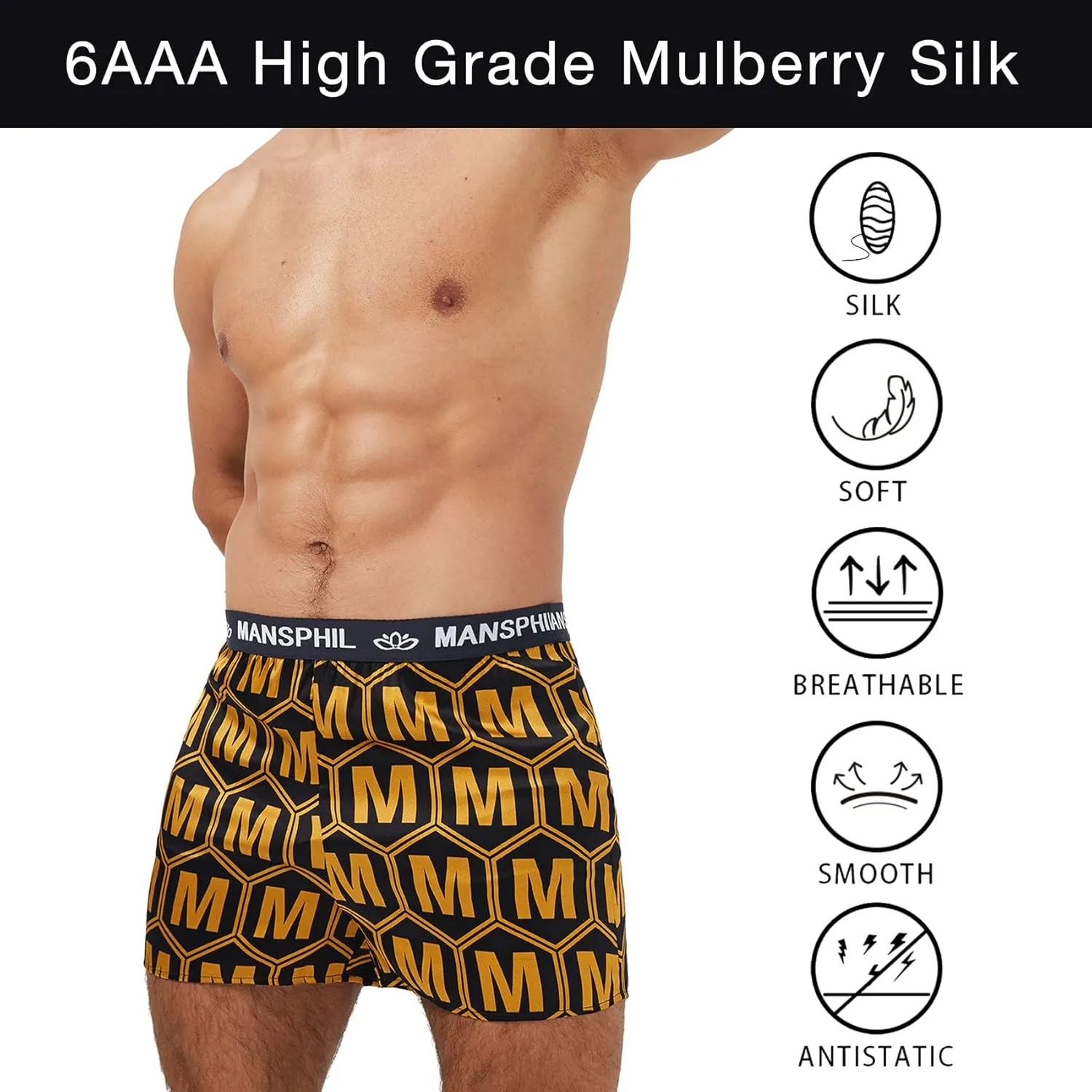MANSPHIL Silk Boxer Shorts for Men, Grade 6A 100% Mulberry Silk