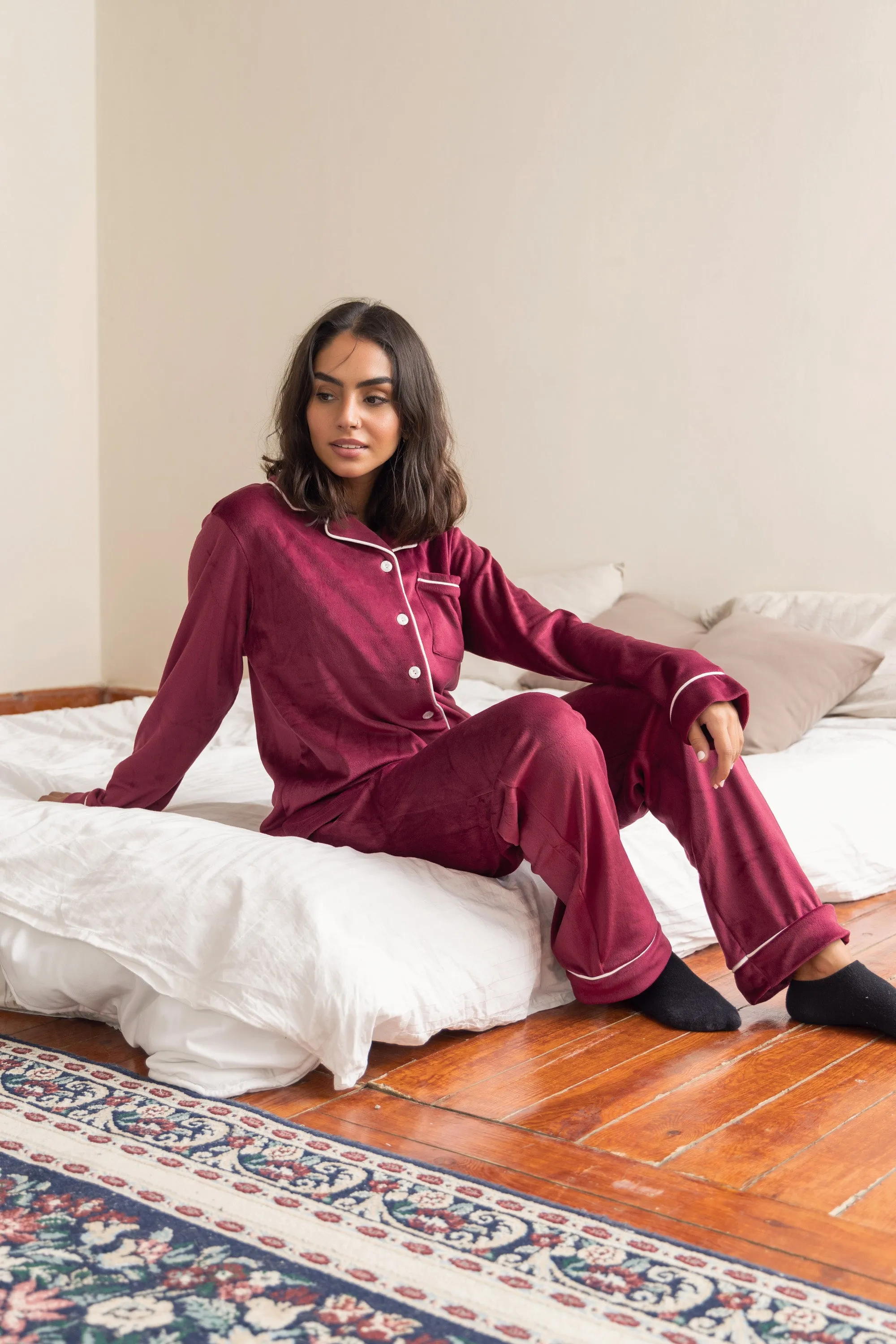 Maroon Plain Buttoned PJ
