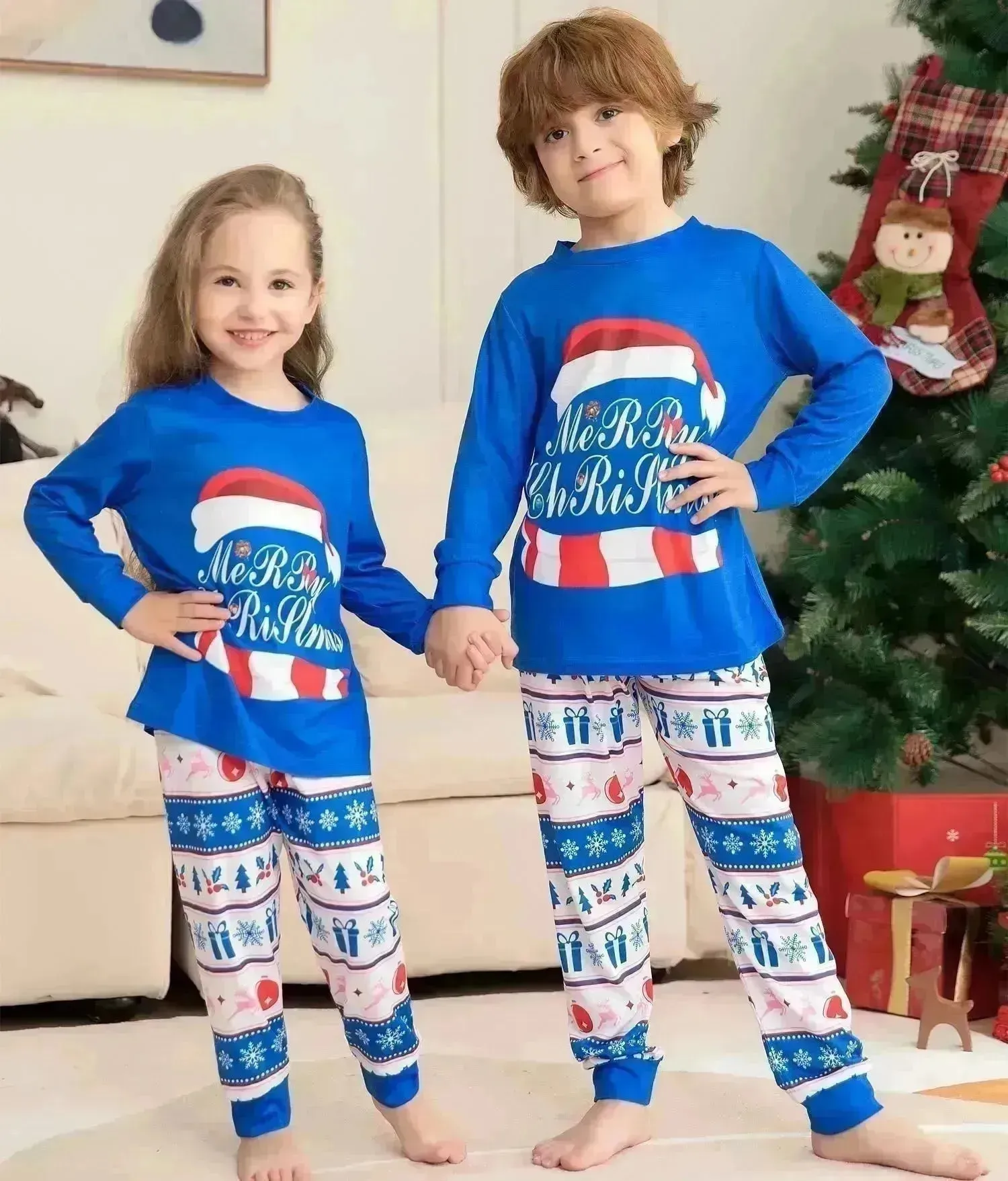Matching Family Pajamas Sets Christmas PJ's Letter Print Top And Plaid Pants Jammies Sleepwear