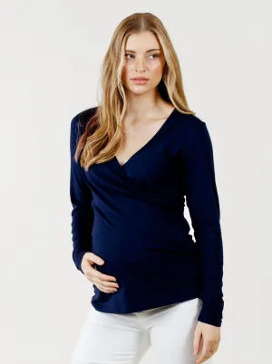 Maternity & Nursing Crossover Long Sleeve Tee Top in Navy