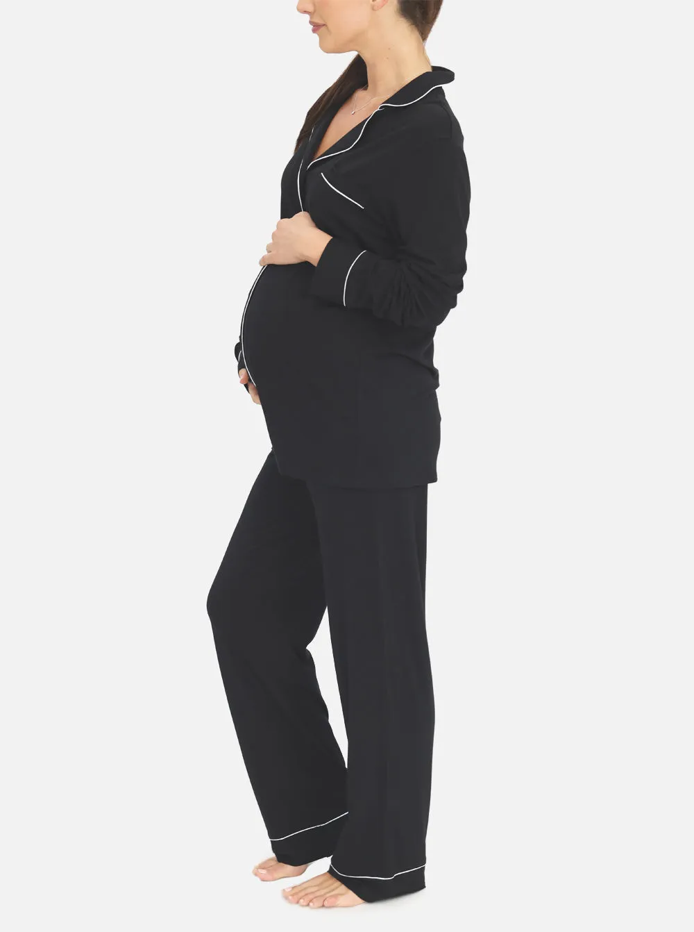 Maternity and Nursing Long Sleeve Pyjama Set in Black Bamboo