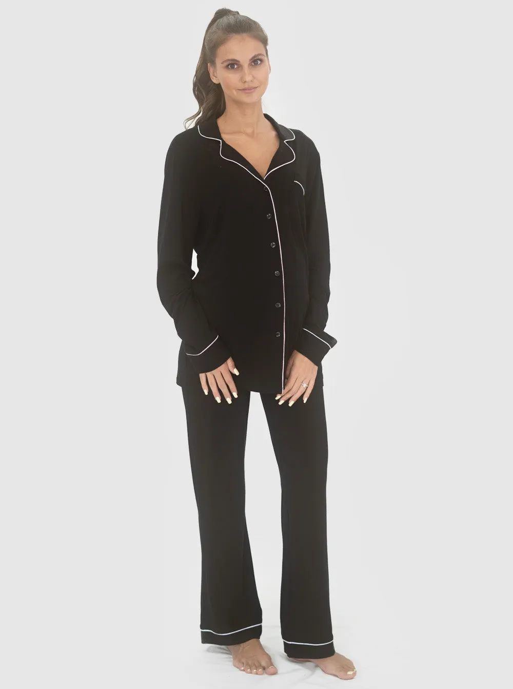 Maternity and Nursing Long Sleeve Pyjama Set in Black Bamboo
