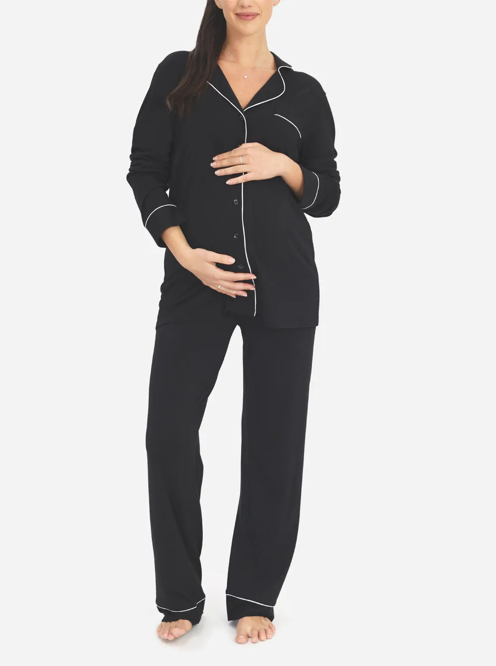 Maternity and Nursing Long Sleeve Pyjama Set in Black Bamboo