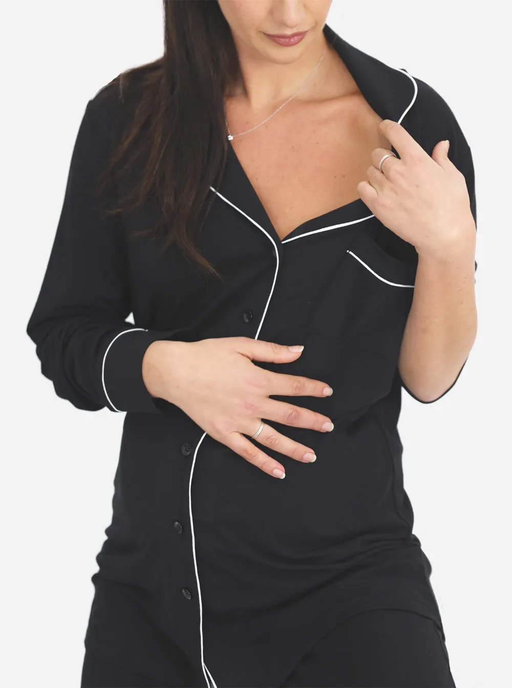 Maternity and Nursing Long Sleeve Pyjama Set in Black Bamboo