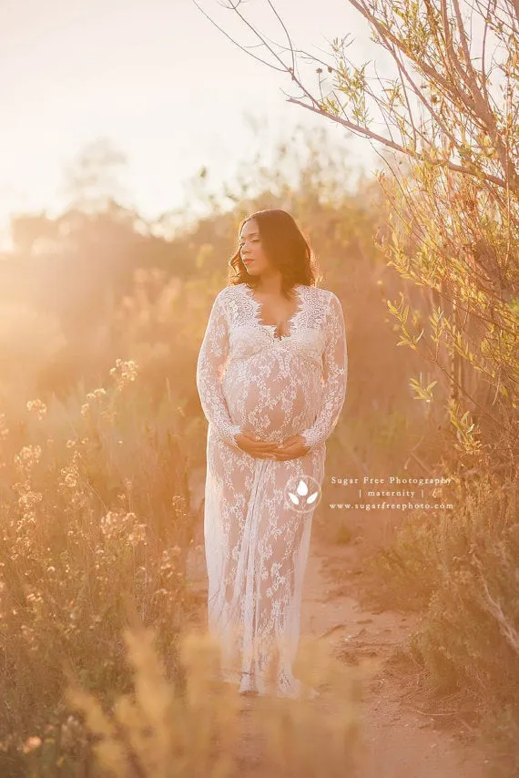 Maternity Deep V-neck Lace Dress for Photoshoot