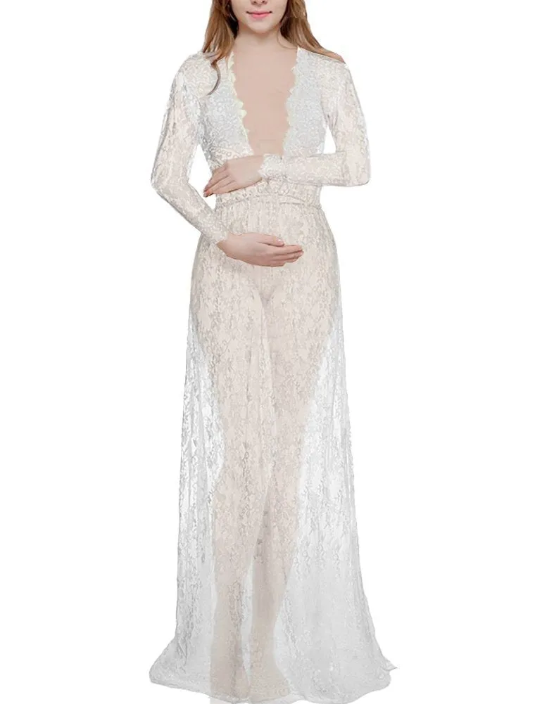 Maternity Deep V-neck Lace Dress for Photoshoot