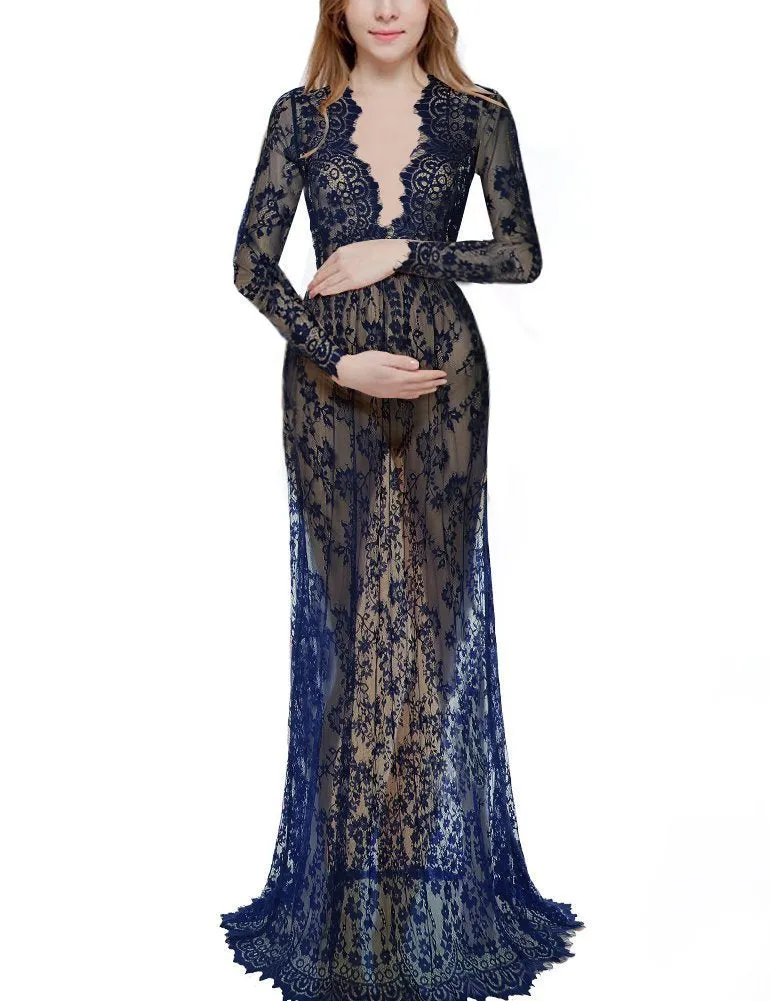 Maternity Deep V-neck Lace Dress for Photoshoot