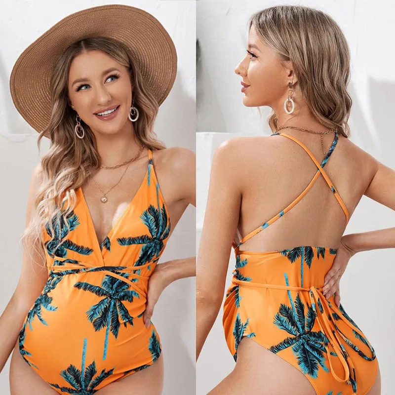 Maternity Orange Swimsuit with Simple Design