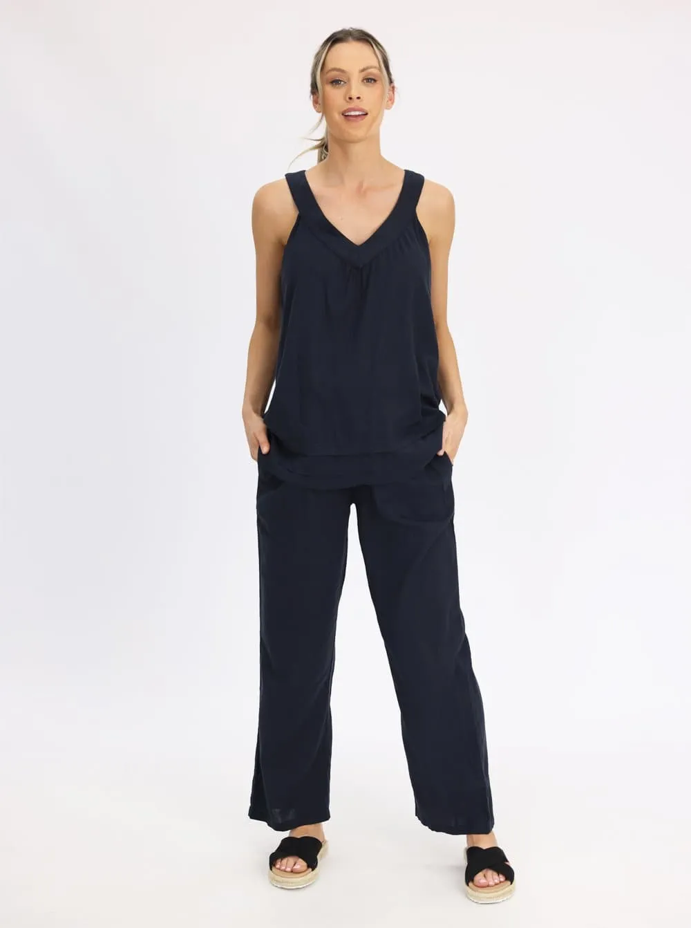Maternity Sleeveless Linen Top in Navy