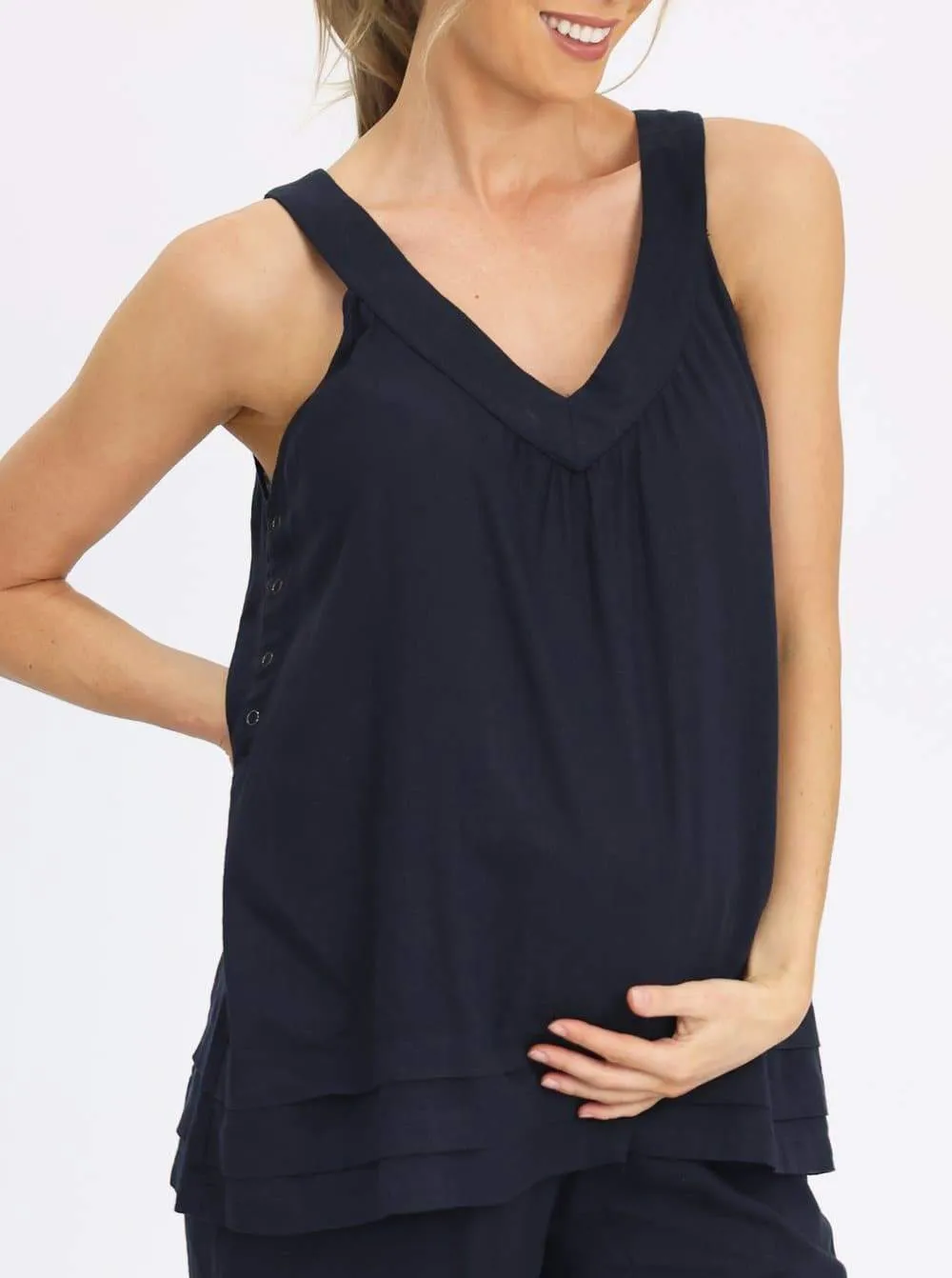 Maternity Sleeveless Linen Top in Navy
