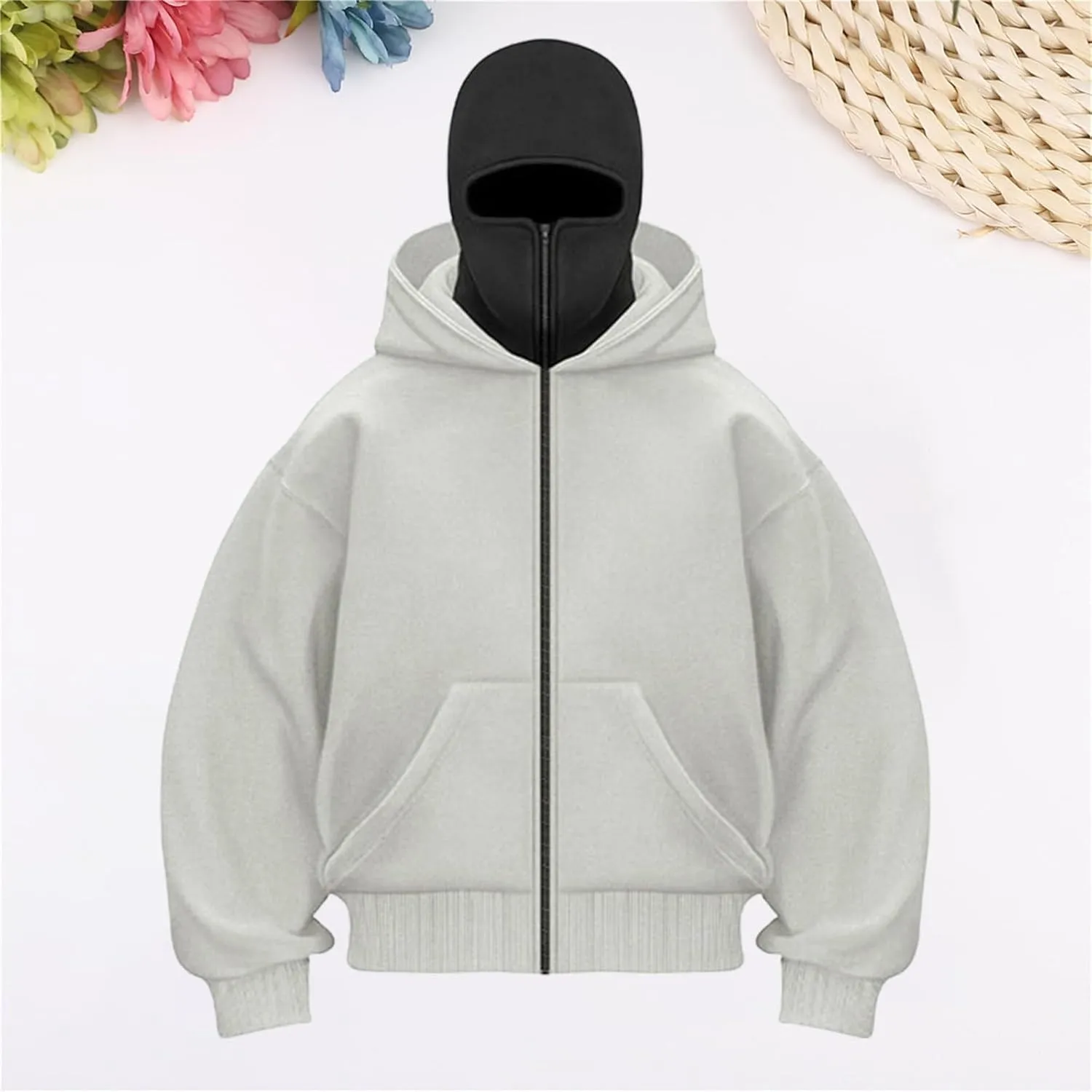 Men Balaclava Hoodie Double Hoodies Face Mask Spring Zip Up Hooded Jackets Ski Hking Fishing Athletic Sweatshirt Coat