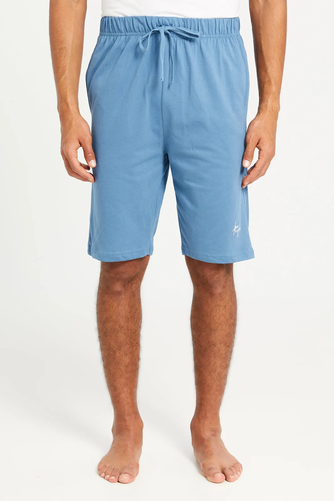 Men Blue Plain T-Shirt And Short Pyjama Set (2 Piece)