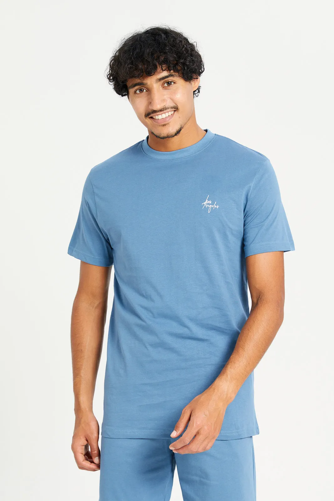Men Blue Plain T-Shirt And Short Pyjama Set (2 Piece)