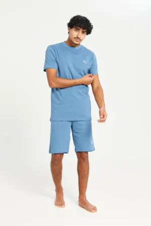 Men Blue Plain T-Shirt And Short Pyjama Set (2 Piece)