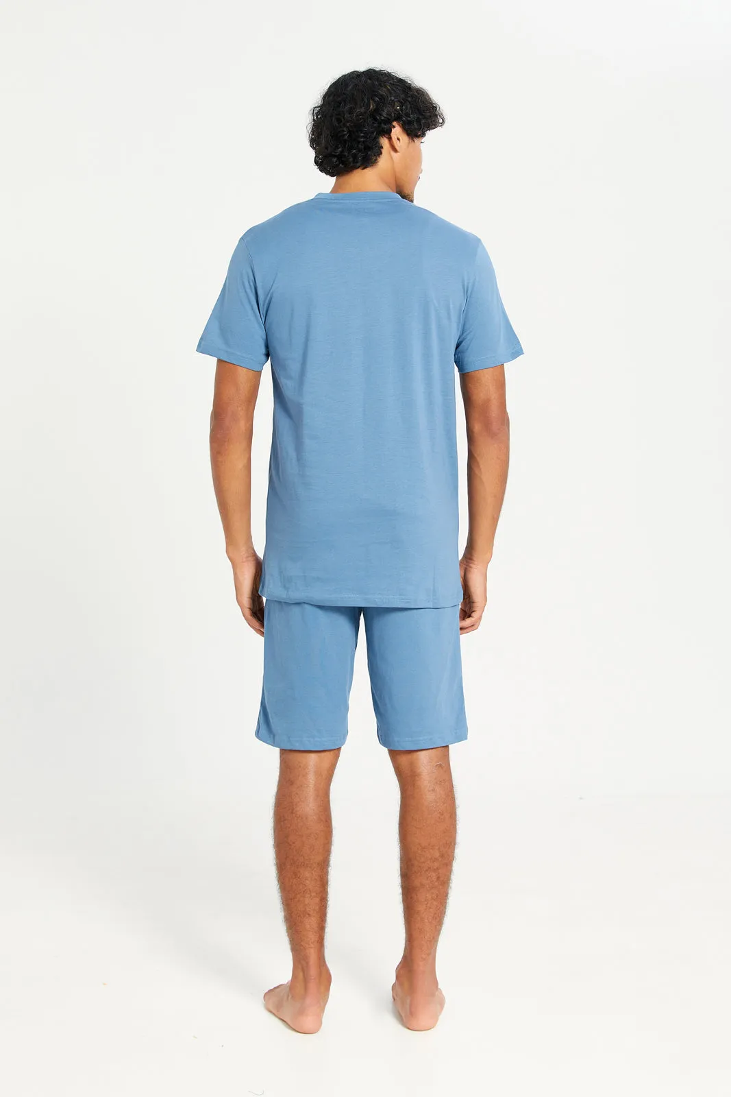 Men Blue Plain T-Shirt And Short Pyjama Set (2 Piece)