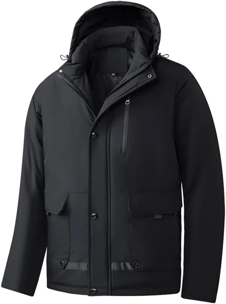 Men Hooded Jacket Warm Winter Down Cotton Cargo Coat Solid Color Cotton Coats