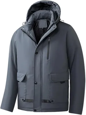 Men Hooded Jacket Warm Winter Down Cotton Cargo Coat Solid Color Cotton Coats