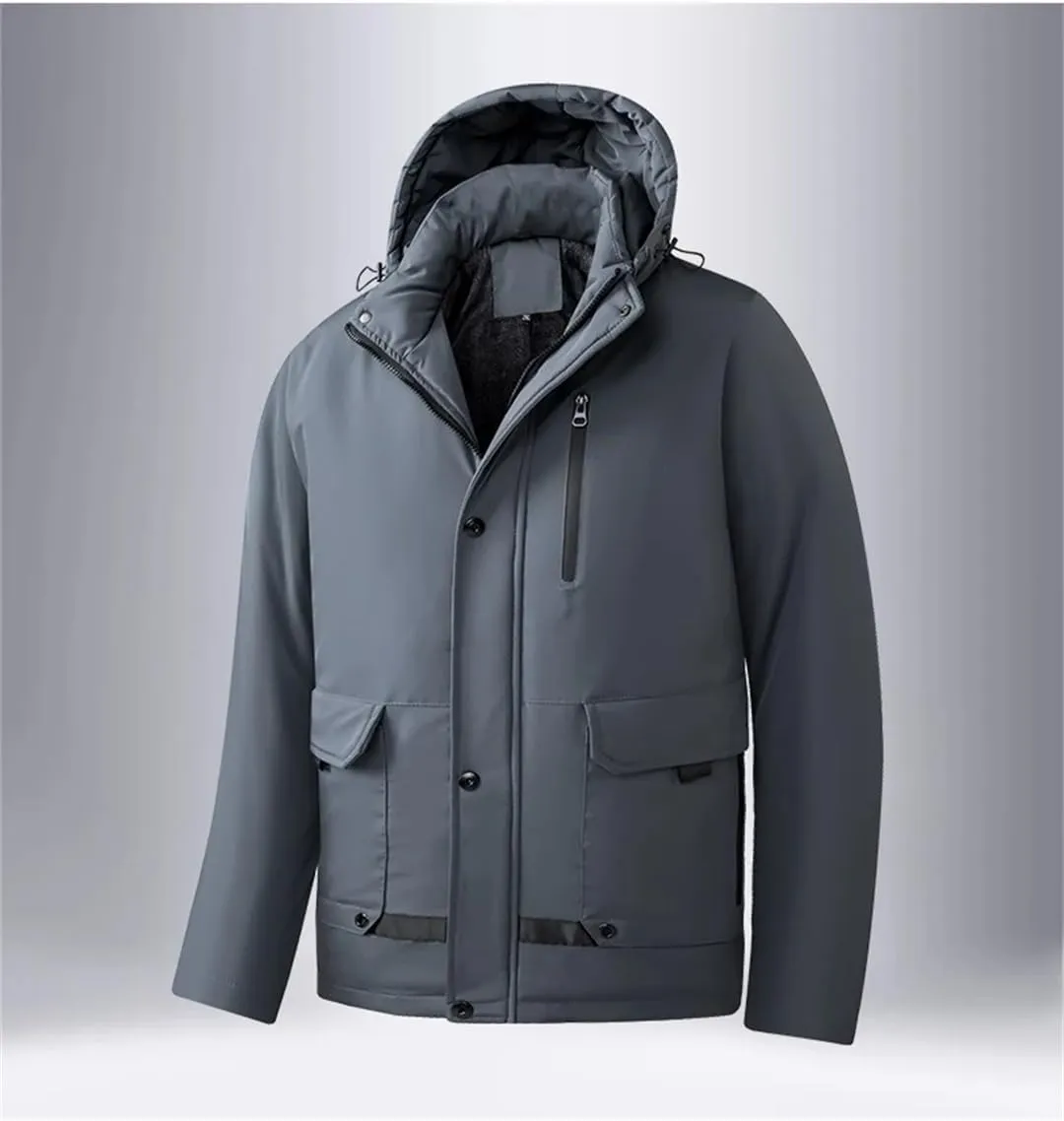 Men Hooded Jacket Warm Winter Down Cotton Cargo Coat Solid Color Cotton Coats