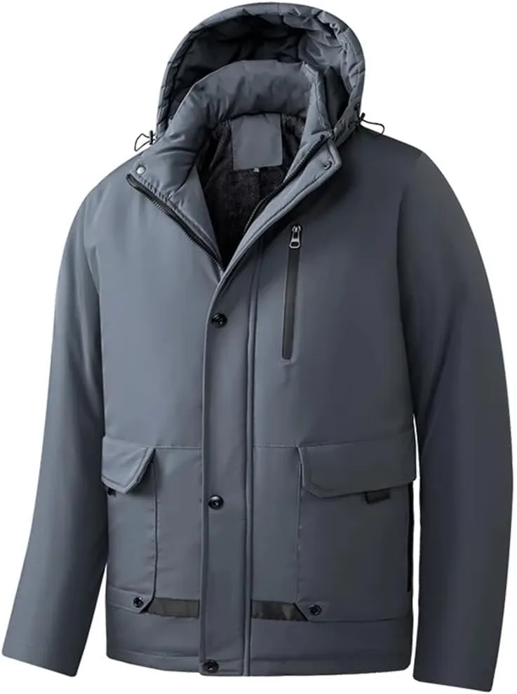 Men Hooded Jacket Warm Winter Down Cotton Cargo Coat Solid Color Cotton Coats