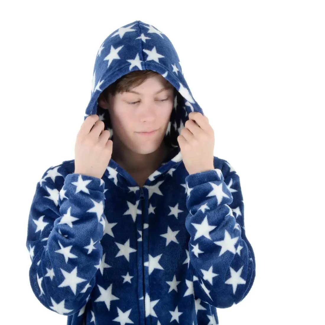 Mens All in One Pyjamas White Stars Hooded Fleece Nightwear