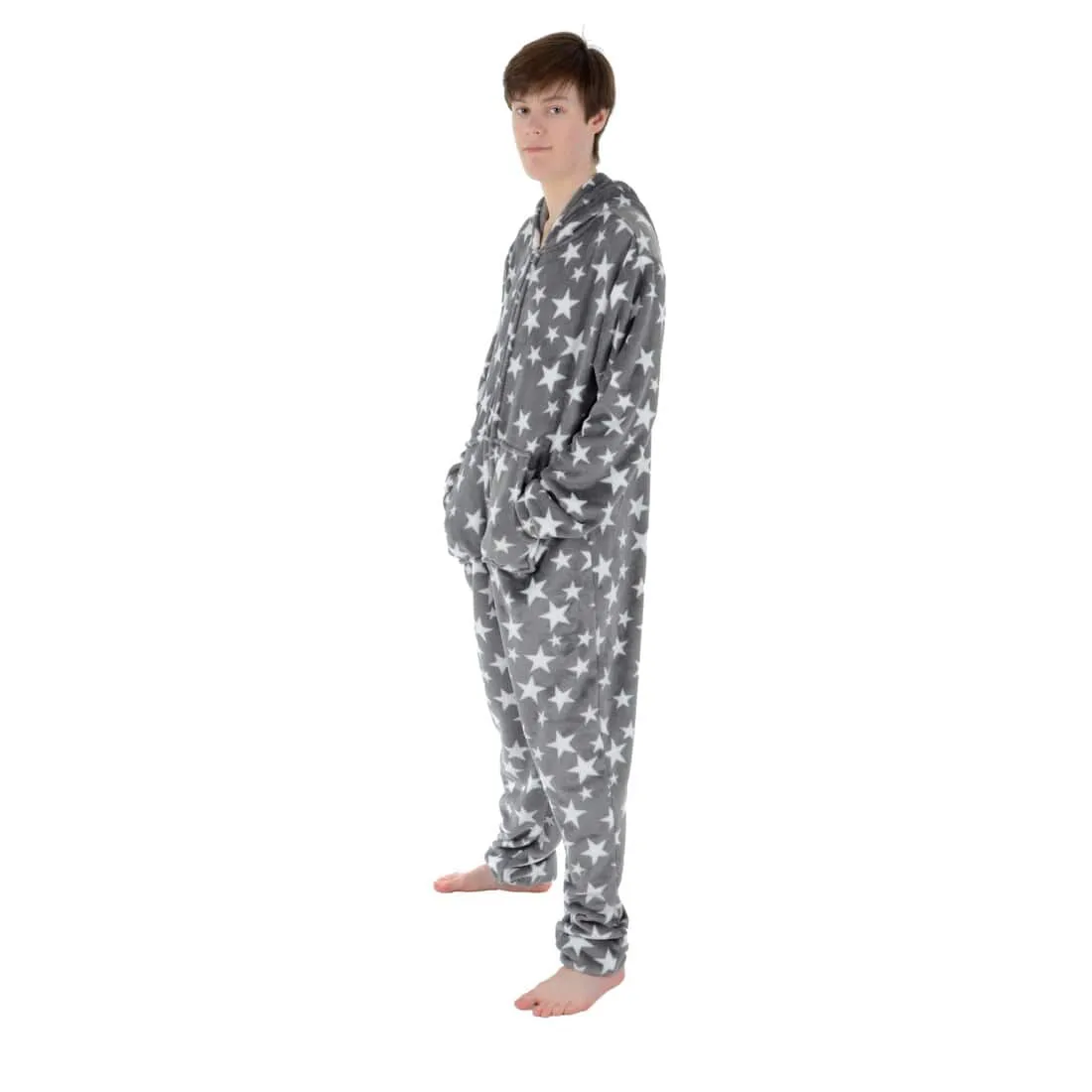 Mens All in One Pyjamas White Stars Hooded Fleece Nightwear