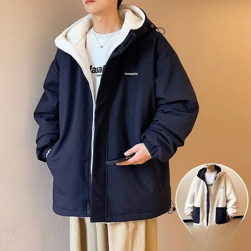 Men's Cashmere Winter Fleece Hooded Jacket - Thickened, Trendy, and Warm Outerwear