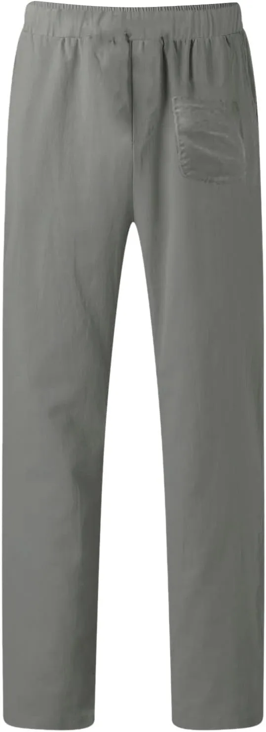 Mens Casual Cotton Linen Pants Elastic Waist Lightweight Loose Fit Summer Cotton Beach Yoga Trousers