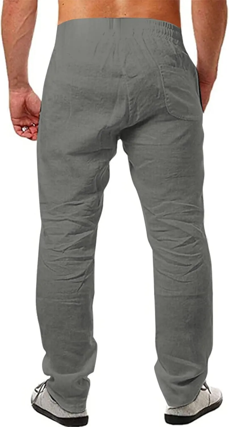 Mens Casual Cotton Linen Pants Elastic Waist Lightweight Loose Fit Summer Cotton Beach Yoga Trousers