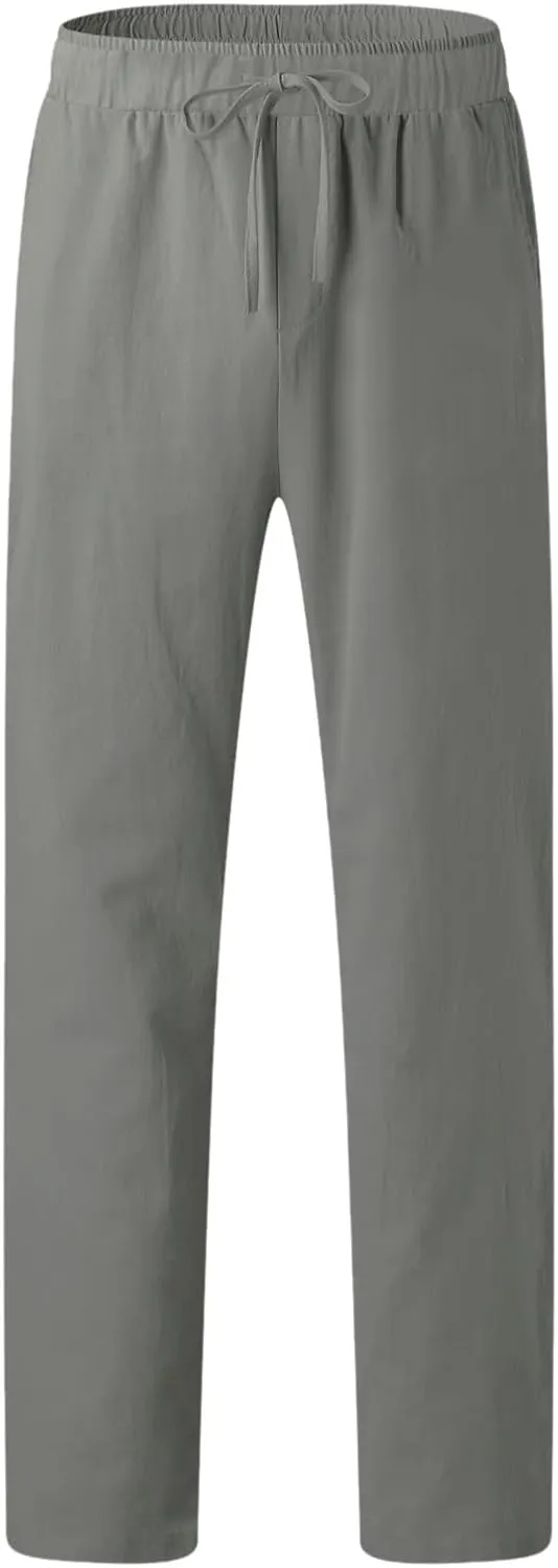 Mens Casual Cotton Linen Pants Elastic Waist Lightweight Loose Fit Summer Cotton Beach Yoga Trousers