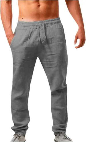 Mens Casual Cotton Linen Pants Elastic Waist Lightweight Loose Fit Summer Cotton Beach Yoga Trousers