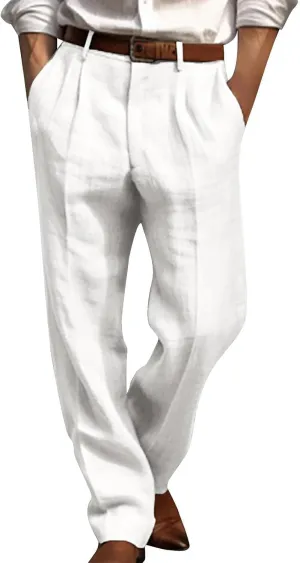 Men's Cotton Linen Pants, Lightweight Loose Fit Pleated Slacks Summer Cotton Beach,Elastic Waist