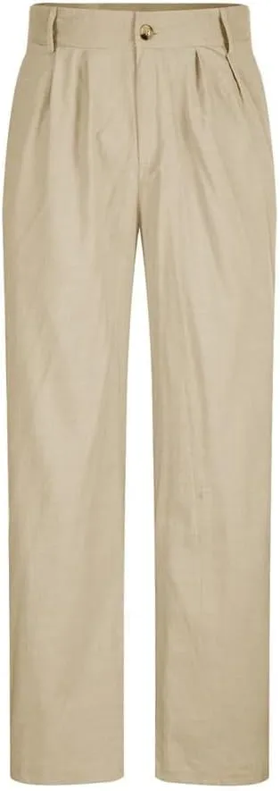 Men's Cotton Linen Pants, Lightweight Loose Fit Pleated Slacks Summer Cotton Beach,Elastic Waist