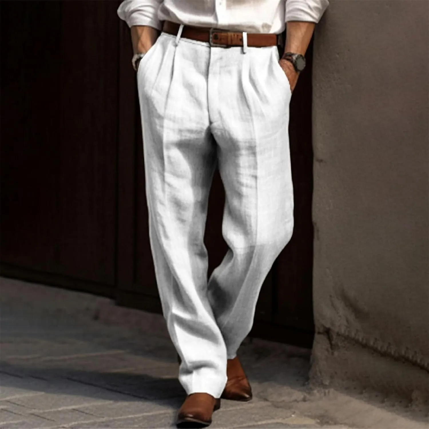 Men's Cotton Linen Pants, Lightweight Loose Fit Pleated Slacks Summer Cotton Beach,Elastic Waist