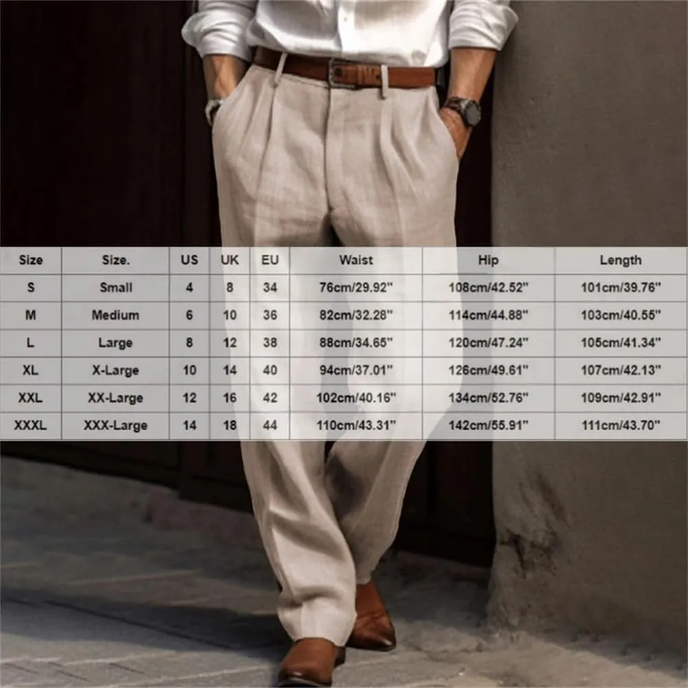 Men's Cotton Linen Pants, Lightweight Loose Fit Pleated Slacks Summer Cotton Beach,Elastic Waist