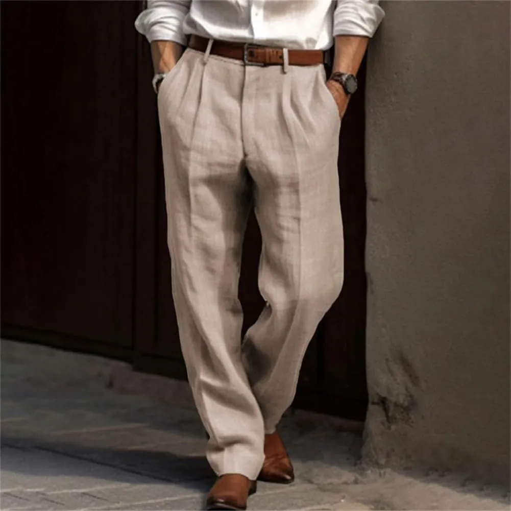 Men's Cotton Linen Pants, Lightweight Loose Fit Pleated Slacks Summer Cotton Beach,Elastic Waist