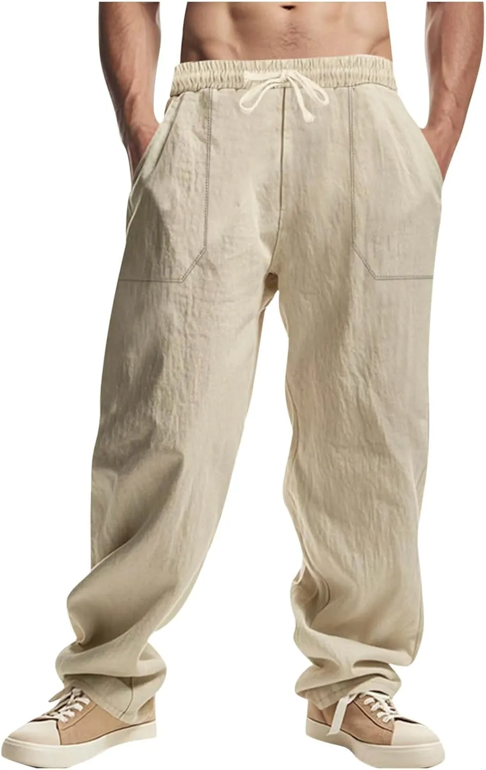 Men's Drawstring Linen Pants Casual Beach Loose Wide Leg Trousers Lightweight Comfort Fit Summer Clothes Fashion