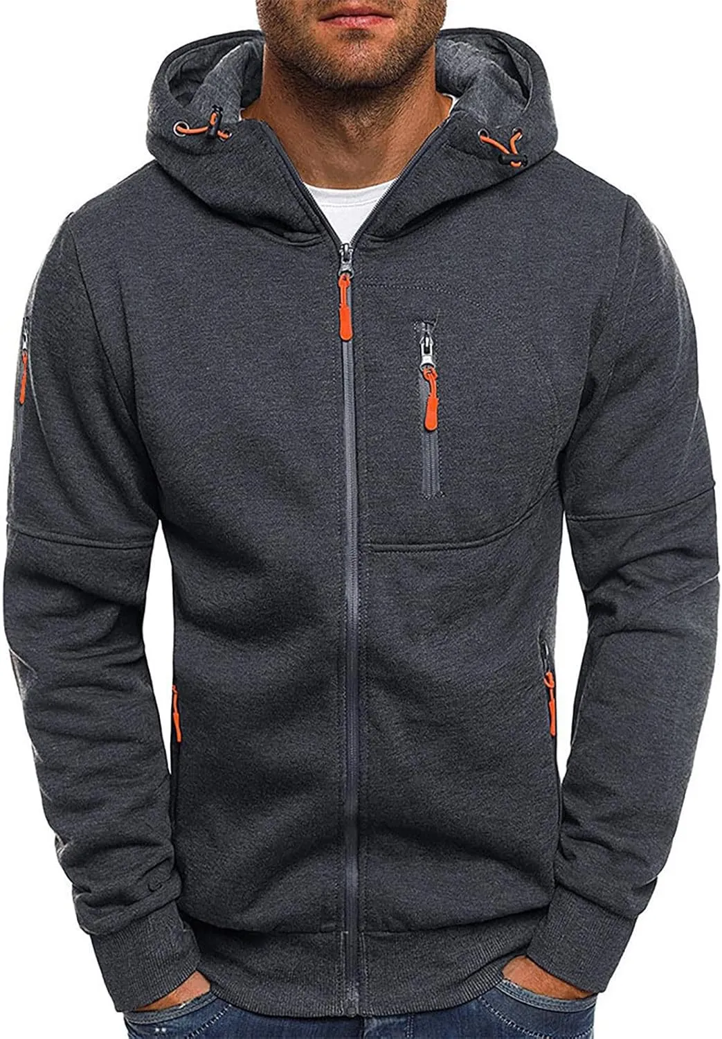 Men's Full Zipper Hoodie Long-Sleeved Drawstring Casual Hooded Sweater with Pockets Jogging Track and Filed Gym Hoodie