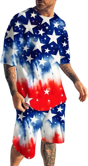 Men's Independence Day Printed Summer Outfit Beach Short Sleeve Printed Shirt Short Suit Shirt Pants Suit