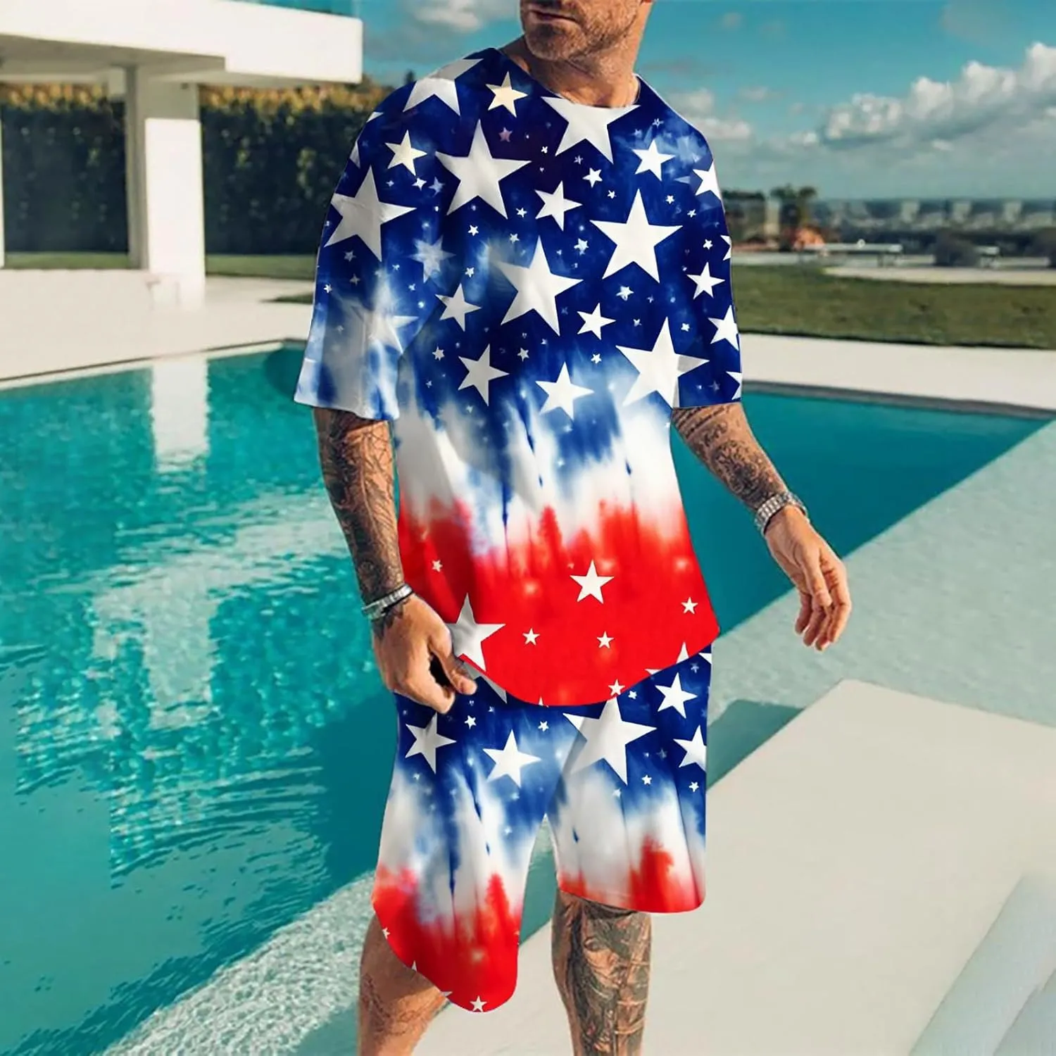 Men's Independence Day Printed Summer Outfit Beach Short Sleeve Printed Shirt Short Suit Shirt Pants Suit