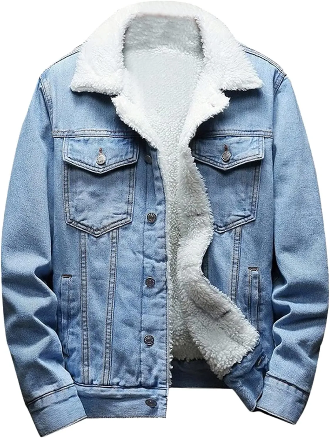 Men's Lapel Winter Sherpa Lined Denim Jacket Windbreaker Trucker Jacket Vintage Relax Fit Thick Fleece Denim Jean Jacket