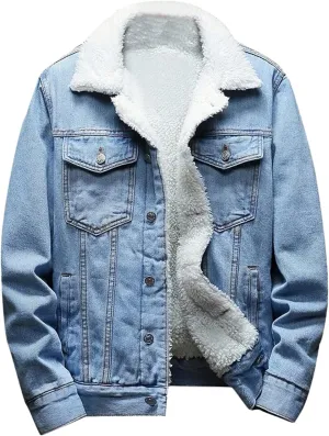 Men's Lapel Winter Sherpa Lined Denim Jacket Windbreaker Trucker Jacket Vintage Relax Fit Thick Fleece Denim Jean Jacket