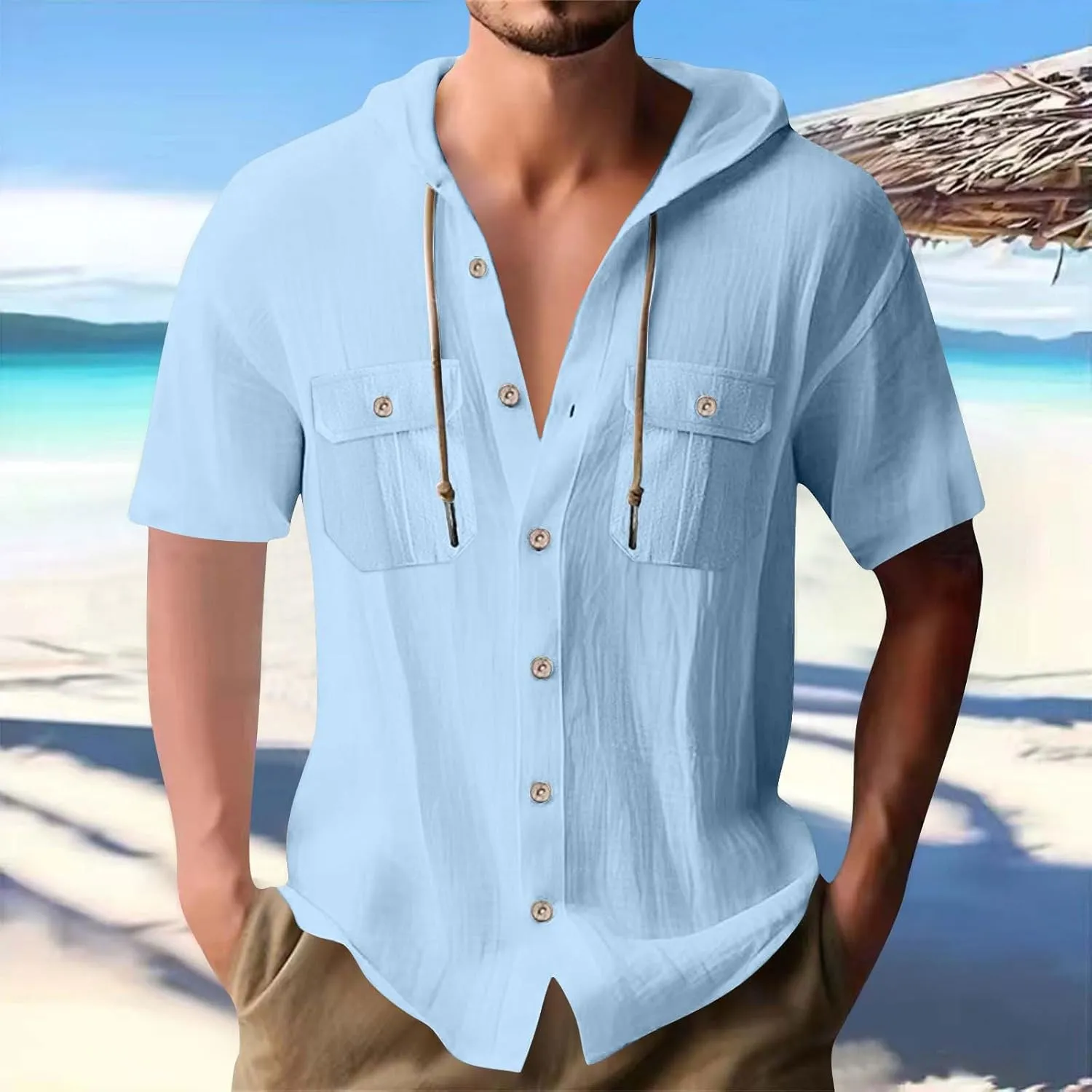 Mens Loose Fit Short Sleeve Hoodie - Summer Button Down Solid Drawstring Hooded Cardigan Tops Casual Beach T Shirts