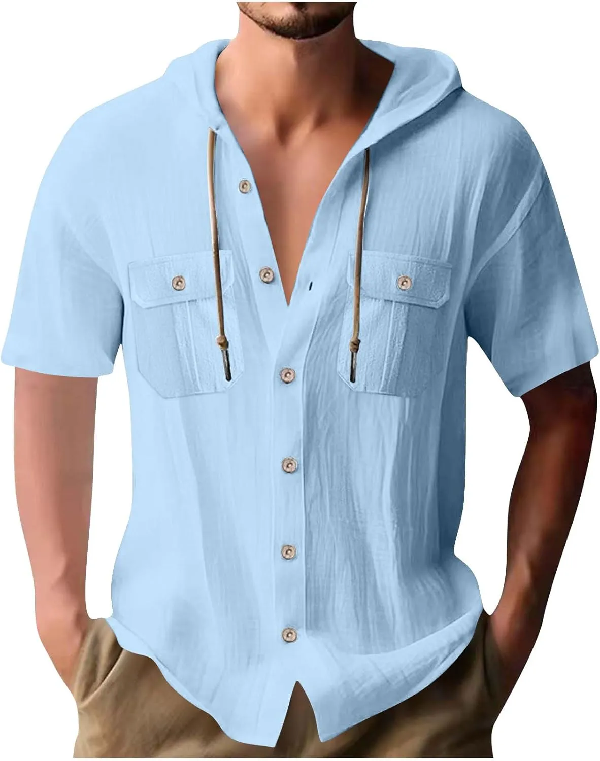 Mens Loose Fit Short Sleeve Hoodie - Summer Button Down Solid Drawstring Hooded Cardigan Tops Casual Beach T Shirts