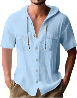 Mens Loose Fit Short Sleeve Hoodie - Summer Button Down Solid Drawstring Hooded Cardigan Tops Casual Beach T Shirts