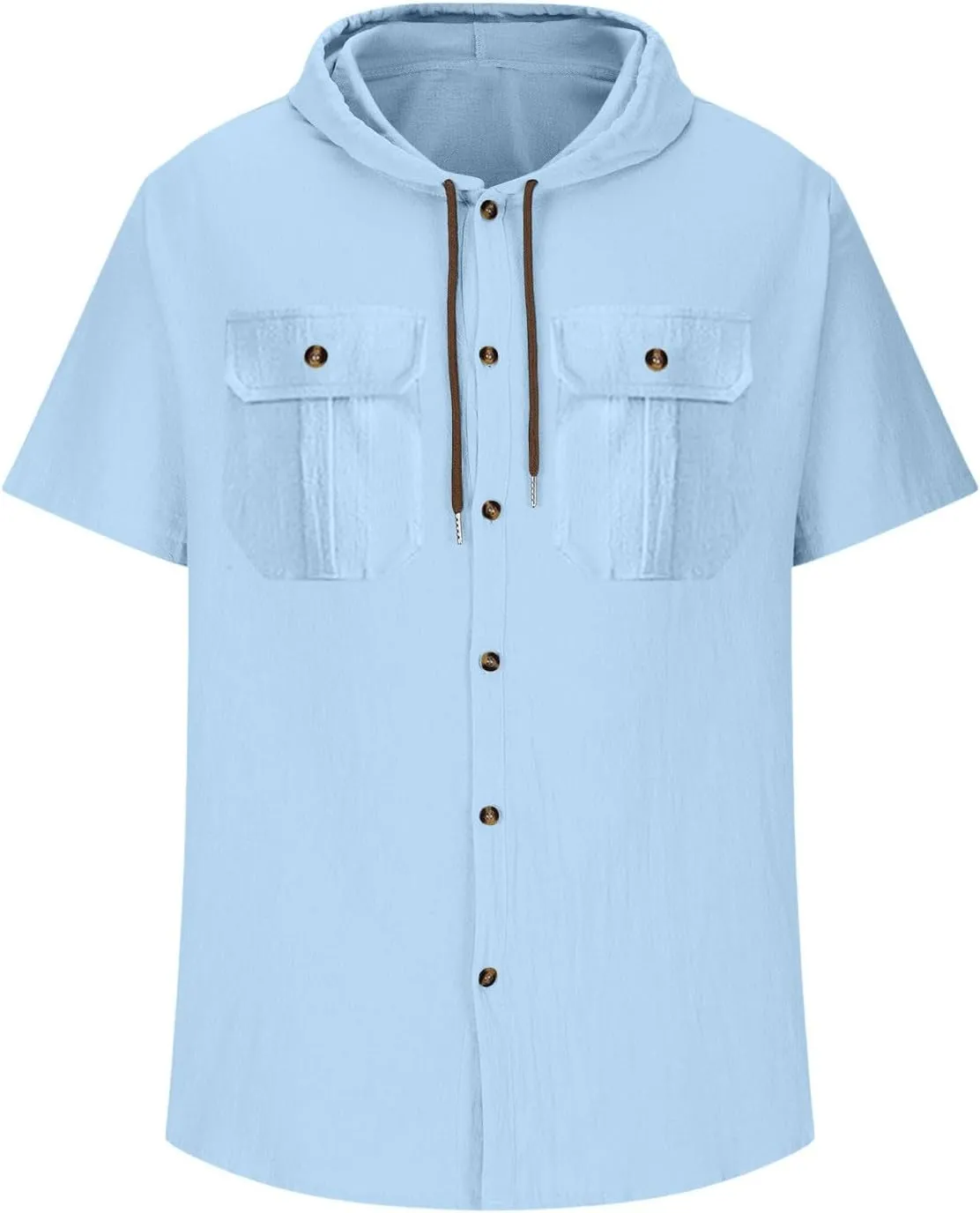 Mens Loose Fit Short Sleeve Hoodie - Summer Button Down Solid Drawstring Hooded Cardigan Tops Casual Beach T Shirts